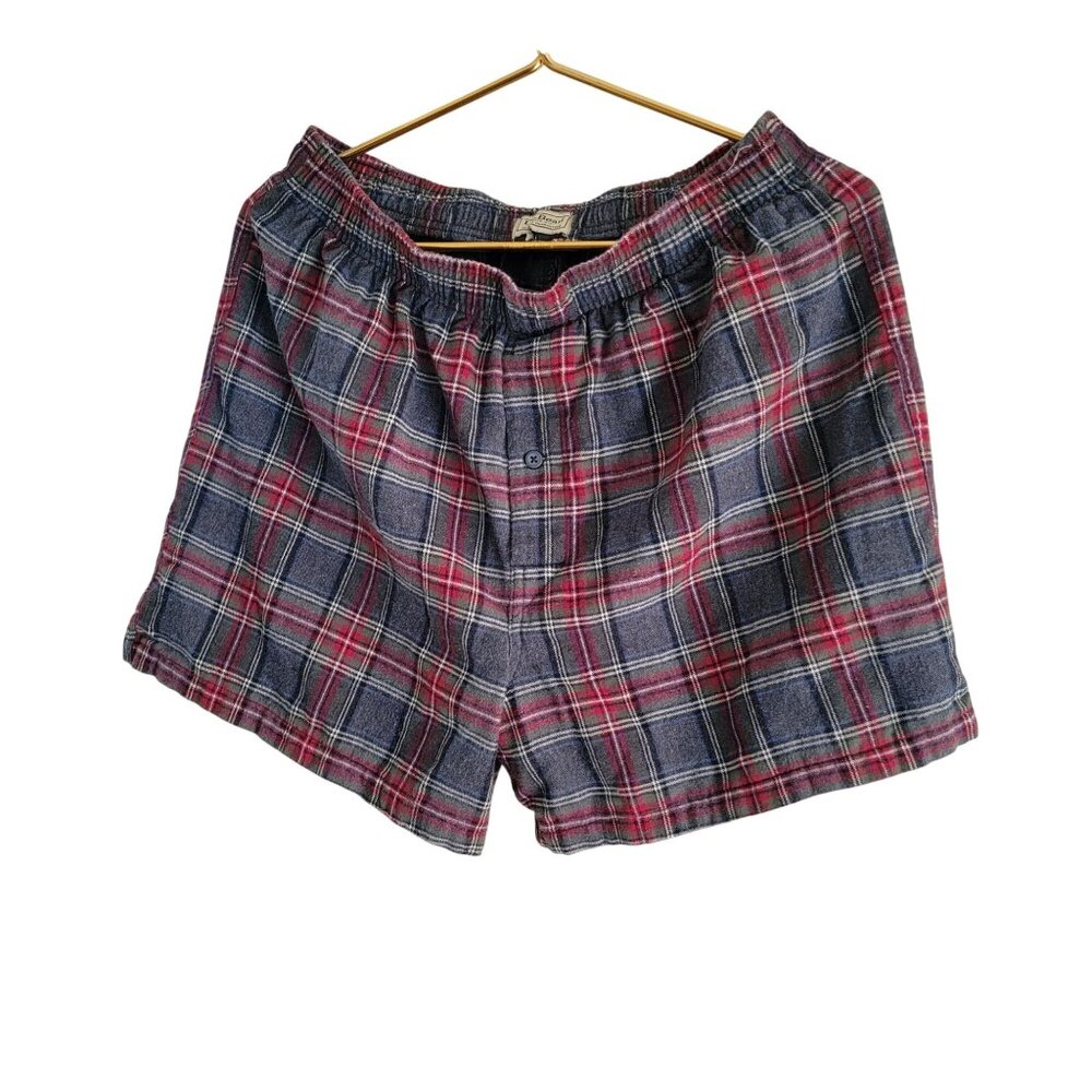 L.L. Bean Mens Plaid Lounge Shorts Red & Blue Flannel Elastic Waist Button Fly